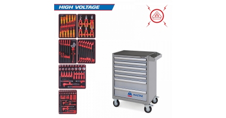 Набор инструментов "HIGH VOLTAGE" KING TONY 934-117AMGE в серой тележке, 117 предметов